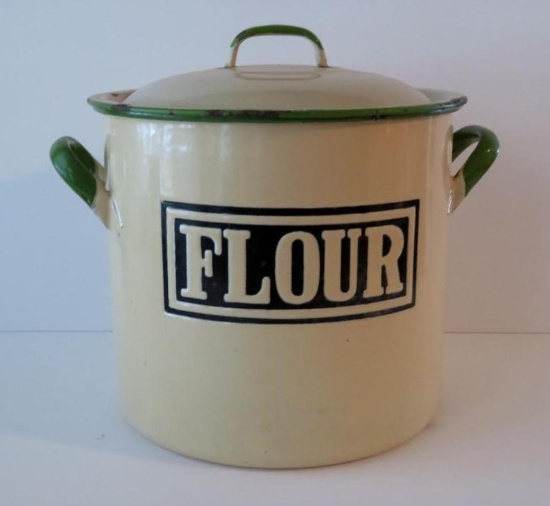 Cream and Green enamelware Flour container, 7 1/2" tall