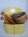 Vintage sewing basket and wooden spools