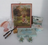 Vanity lot with curtain tie backs, art, curling itron, vases and greeting cards