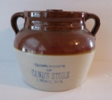 Stoneware bean pot, Hand's Store Lyons Wis, 5 3/4