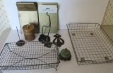 Vintage office supplies, metal trays, bell, advertising clipboards and receipt holders
