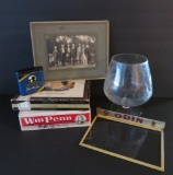 Bulger tobacco pocket tin, cigar boxes, glass cover and etched snifter