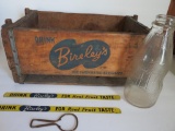 Birely's soda advertising lot, wood case, bottle, opener and metal bands