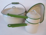 Cream and green enamelware, kettle, double boiler and strainer