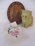 Wood burned art of cat in boot, paper mache cat and embroidered finger tip towel