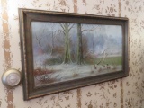 Framed pastel, winter scene with rabbits, 27 1/2