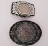 Two metal belt buckles, Indian head and silver dollar