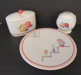 Harker Bakerite Apple and Pear canisters and deco style cake plate by another maker