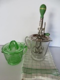 Vintage kitchen lot with beater jar and reamer measure cup in green depression glass