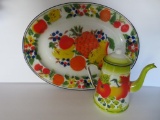 Vintage enamelware graniteware fruit design, coffee pot and platter