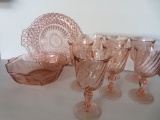 Pink Depression glass, 7 stems, cake plate and bowl