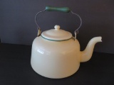 Green and cream enamel graniteware tea kettle