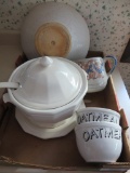 Pfaltzgraff soup tureen, oatmeal bowls, pig pitcher and serving bowl