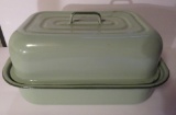 Green enamelware graniteware covered roaster pan, 14