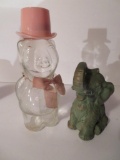 Glass Pig with top hat and metal elephant still banks