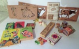 Vintage childrens lot, animal stencils, games and toys