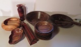 Assorted wooden ware, salad set, vase and serving dishes