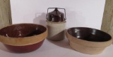 Monmouth and National Stoneware bowls and two tone preserve jar