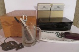 Vintage office lot with wood and metal storage boxes, bank bag, letter openers and clip boards