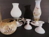 Milk glass bedroom lamps and candle holders