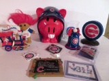 Chicago Cub collectible lot, ornaments, bank and baseball card