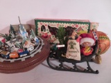 Vintage Christmas lot, music box, vintage lights and cast iron sleigh