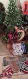 Large Christmas decoration lot, Lighted 4' tree, lights, rug and greenery