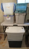 Eight storage totes, Rubbermaid and unmarked