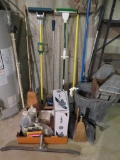 Cleaning lot with metal mop bucket, squeegee, and product