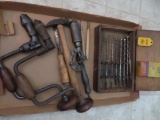 Vintage tools, braces and drills with wooden box