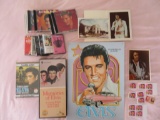 Elvis lot, stamps, CD's, cassettes, photos and metal sign