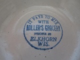 Blue and pink banded advertising stoneware bowl, Millers Grocery Elkhorn Wis, 7