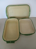 3 Cream and Green enamelware graniteware pans , about 10