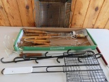 Large lot of grilling BBQ utensils. Hot dog and roasting baskets