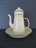 Cream and Green enamelware graniteware two piece coffee pot and plate