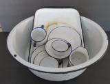 Blue and white enamelware graniteware childs dishes and wash basin