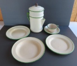 Cream and Green enamelware graniteware coffee boiler, plates and cup/saucer