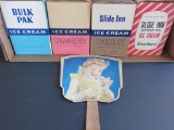 Four vintage Slide Inn Ice Cream containers, Elkhorn, and Ozark Creamery adv fan