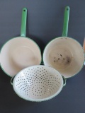 Cream and Green enamelware graniteware kettles and strainer