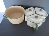 Cream and Green enamelware graniteware kettle and divider containers