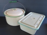 Cream and Green enamelware graniteware covered kettle and covered storage box