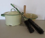 Cream and Green enamelware graniteware covered kettle, strainer and brushes