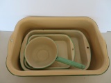 Cream and Green enamelware graniteware rectangular pans and sauce pan