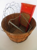 Country lot with washboard, bushel basket, step stool and wire basket