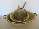 Cream and Green enamelware graniteware oval wash basin, bowl and green handle utensils