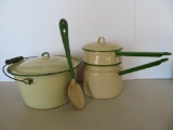 Cream and Green enamelware graniteware covered kettle, double boiler and spoon