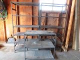 Three metal shelving units, garage storage, as found