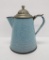 Robin egg blue speckled enamelware coffee pot, metal top and base, 11