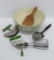 Green spongeware mixing bowl and vintage beaters, utensils and wood paddle