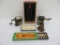 Vintage office supplies, pencil sharpeners, bell and address book